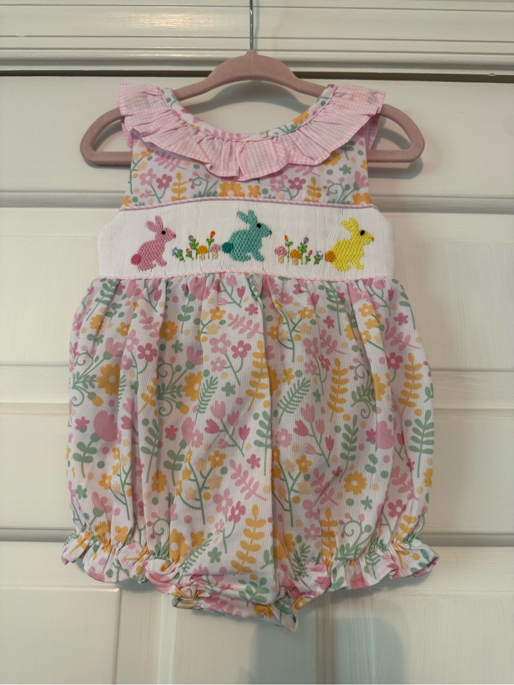 Girls Floral Smocked Bunny Bubble Romper Pink Gingham Ruffle Easter Spring
